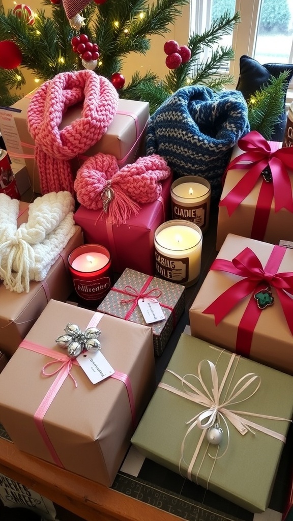 Handmade Christmas Wishlist Ideas A collection of handmade Christmas gifts including scarves, candles, ornaments, and jewelry, wrapped in festive decorations.